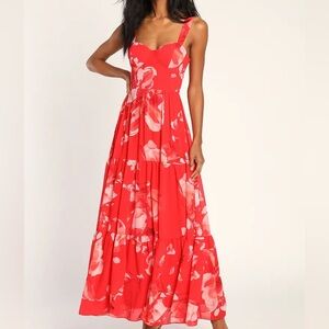 Lulus Sunshine Cutie Red Floral Print Bustier Tiered Maxi Dress